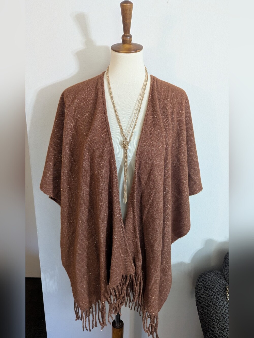 Cejon Chestnut Lurex Herringbone Shimmer Knit Ruana Poncho Wrap